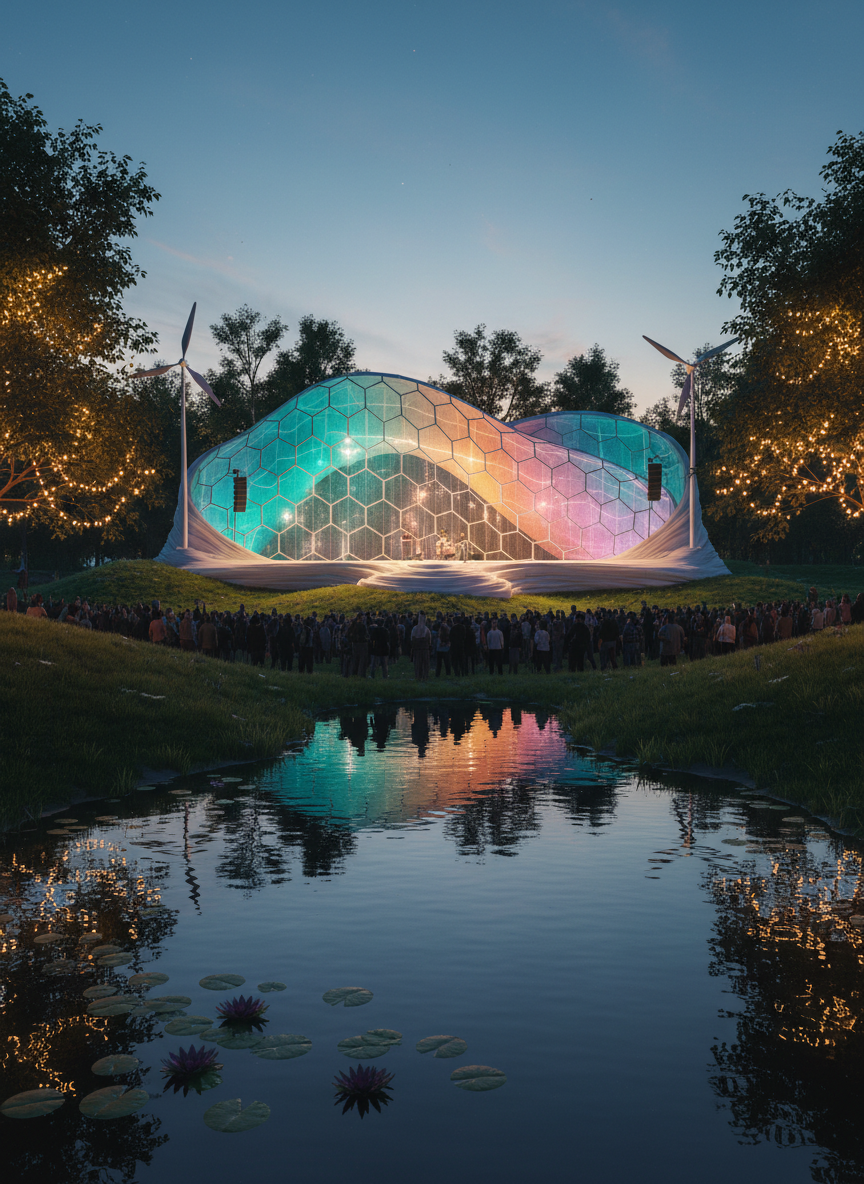 A twilight scene of the festival’s central Solarpunk stage, a gently curved platform made from pale, bio-composite material that seems to grow out of the surrounding grass. Behind it rises a semi-transparent backdrop of hexagonal solar glass panels, softly illuminated from within, glowing in gradient hues of teal, amber, and soft pink. Slim wind turbines shaped like stylized leaves turn quietly at the edges. Tiny string lights powered by visible micro solar cells are woven through nearby trees, casting warm, twinkling reflections on a nearby rainwater-fed pond. Photographic realism, wide-angle composition with the stage centered, capturing the dreamy, playful evening atmosphere of a sustainable celebration.