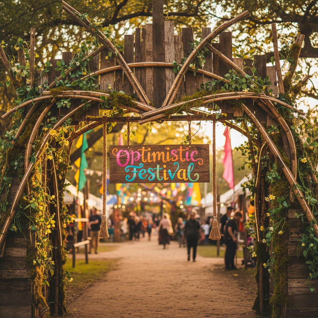 A detailed close-up of the main festival welcome arch, crafted from intertwined bamboo and reclaimed wood, wrapped in climbing vines dotted with tiny blossoms and soft moss. Thin, flexible solar strips are woven decoratively through the arch, glowing with subtle embedded LED indicators. A hand-painted wooden sign reading “Optimistic Festival” in bright, joyful colors hangs from natural fiber ropes beneath. Golden hour sunlight filters through leaves overhead, creating dappled patterns on the smooth pathway leading in. Photographic realism, shallow depth of field with the arch in sharp focus and the lush festival grounds softly blurred behind, conveying a playful, inviting, and hopeful mood.