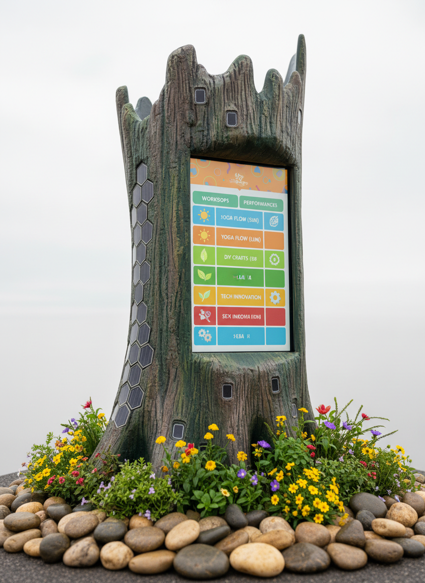 A detailed close-up of a festival information kiosk, designed like a small living tree trunk emerging from the ground, its surface a smooth composite resembling bark with embedded solar cells that glint softly. A high-resolution, frameless display screen is set into the trunk, showing a colorful schedule of workshops and performances with icons of suns, leaves, and gears. Around the base, tiny groundcover plants and bright wildflowers spill over a ring of polished river stones. Soft overcast light creates even illumination with minimal shadows, allowing every texture to appear crisp. Photographic realism, slightly angled side view, emphasizing the playful fusion of organic form and advanced sustainable technology.