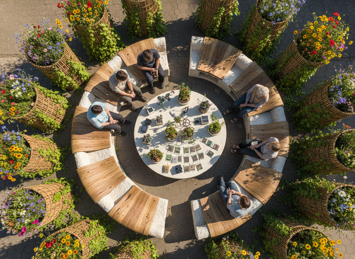 A bird’s-eye view of an outdoor Solarpunk workshop area arranged in a circular pattern. Low, curved benches made from polished reclaimed wood and mycelium-based blocks encircle a central demonstration table covered in small solar gadgets, seed packets, and miniature vertical garden prototypes. Surrounding the circle, tall planters overflow with pollinator-friendly flowers and trailing vines. Soft midday sunlight bathes the scene, casting gentle shadows and highlighting the vibrant greens and warm earth tones. Photographic realism with clear, detailed textures and a bright, energetic atmosphere, composed to show the symmetry of the layout and the sense of collaborative creativity at the heart of the festival.