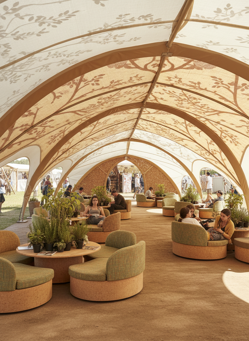 A cozy, sheltered rest area at the festival beneath a sweeping, leaf-shaped canopy made of tensile fabric embedded with flexible solar cells. The canopy’s underside has a soft, matte texture and is patterned with subtle, abstract leaf veins. Beneath it, low seating pods made from cork and woven natural fibers are arranged in small clusters around planter tables filled with aromatic herbs. Diffused daylight filters through the semi-translucent canopy, casting gentle, organic patterns on the smooth, packed-earth floor. Photographic realism, eye-level perspective, balanced composition using rule of thirds, evoking a calm, playful, and restorative space in harmony with nature.