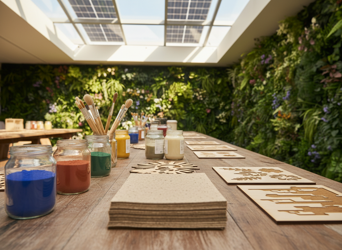 An intimate, eye-level view of a hands-on eco-art station at the festival, featuring a long, smooth table made from reclaimed boat wood, its weathered grain polished to a soft sheen. On the table lie neatly arranged jars of natural pigments, soy-based inks, and brushes made with bamboo handles and plant fibers, alongside stacks of seed-infused paper and stencils of suns, leaves, and whimsical future cities. Sunlight streams in through a nearby skylight framed with solar glass, creating bright highlights on glass jars and gentle shadows beneath art supplies. The background shows a softly blurred wall of living plants. Photographic realism, shallow depth of field, playful and creative atmosphere emphasizing tactile materials and sustainable craft.