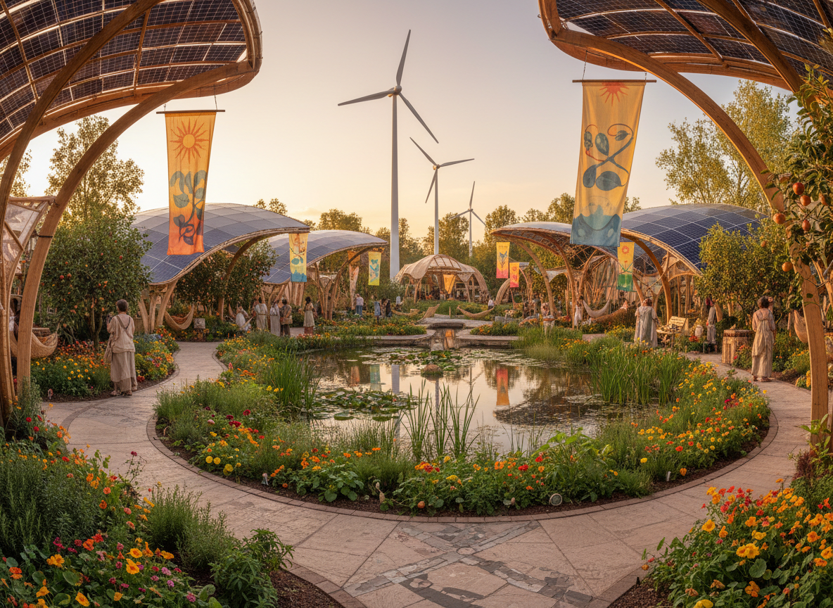 A wide panoramic view of a Solarpunk festival grounds, with gently curving walkways weaving through lush, overflowing garden beds of flowers, herbs, and fruit trees. Sleek solar panels are seamlessly integrated into artfully shaped pergolas and translucent canopies, their glassy surfaces catching warm late-afternoon sunlight. Vertical wind turbines spin quietly in the distance beside a shimmering pond edged with reeds and floating lily pads. Colorful fabric banners printed with abstract sun and leaf motifs hang between bio-based bamboo structures. Photographic realism, shot at eye level with a slightly wide-angle lens, crisp focus throughout, capturing a vibrant, optimistic atmosphere that feels playful yet grounded in sustainability and harmony with nature.
